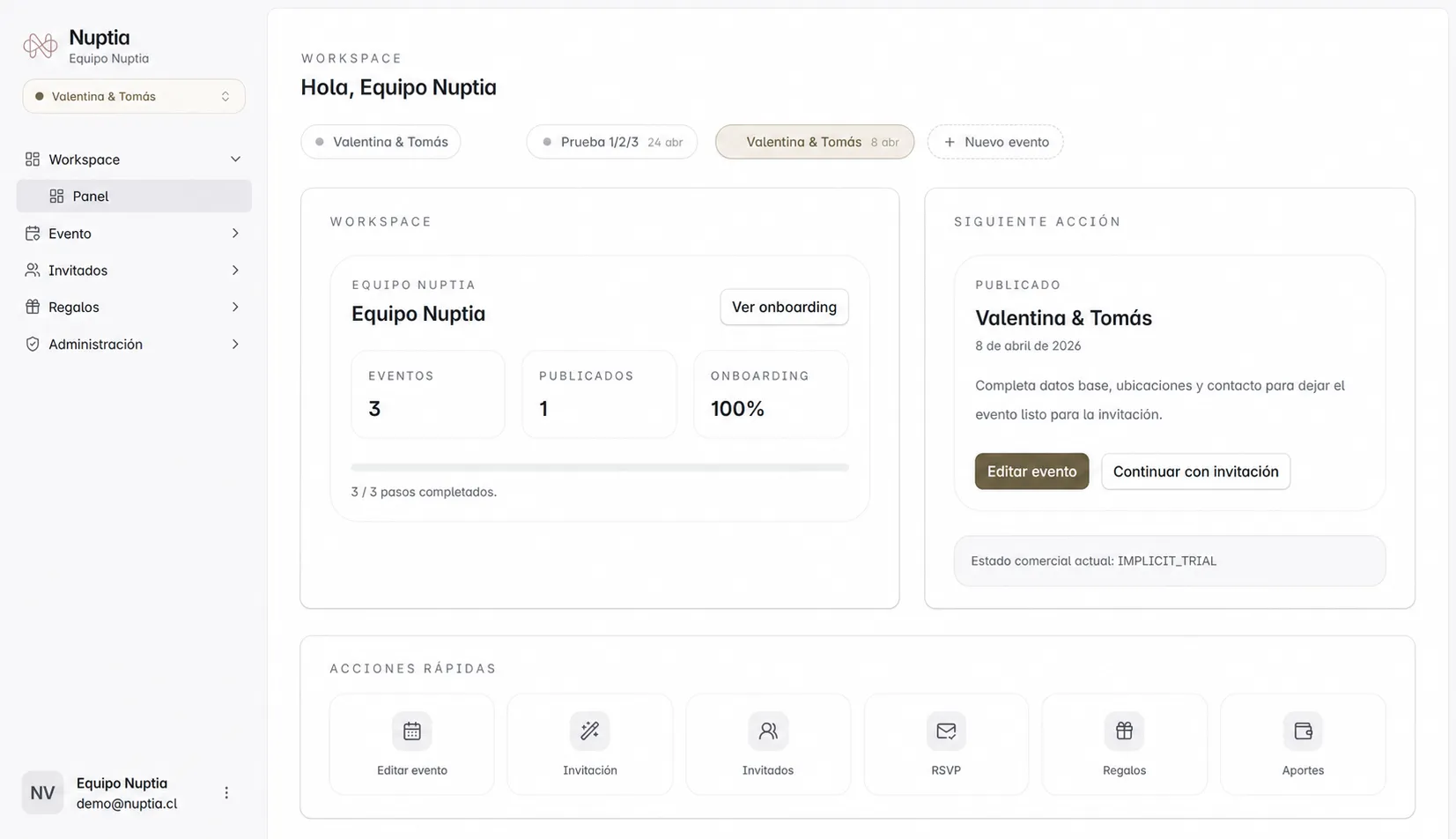Dashboard anonimizado de Nuptia con invitados, confirmaciones y regalos