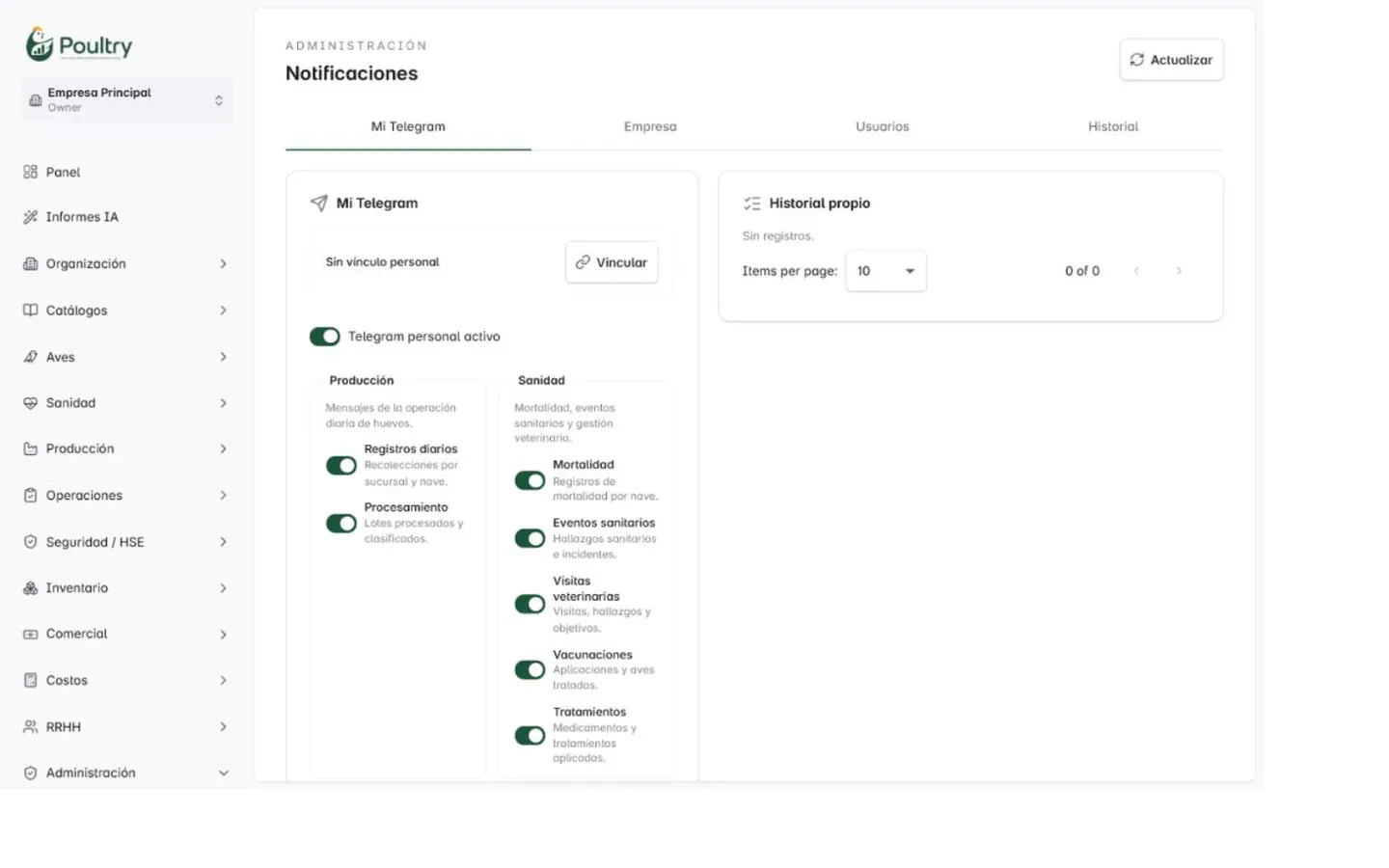 Configuración de alertas de Telegram en Poultry